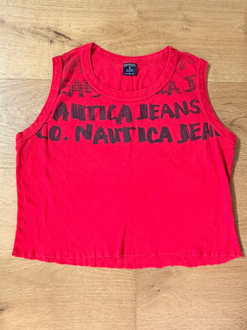 VTG 90s Nautica Jeans Womens Red Graffiti Logo Crop Muscle Tank Made USA Large